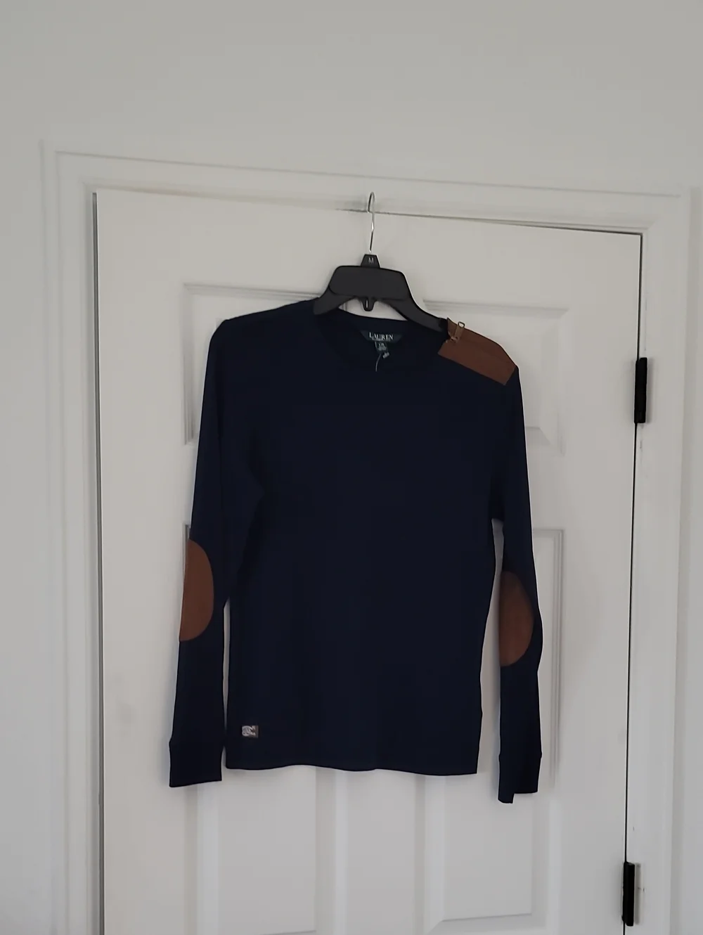 Lauren Ralph Lauren Navy Crewneck Sweater with Brown Elbow & Shoulder Patches